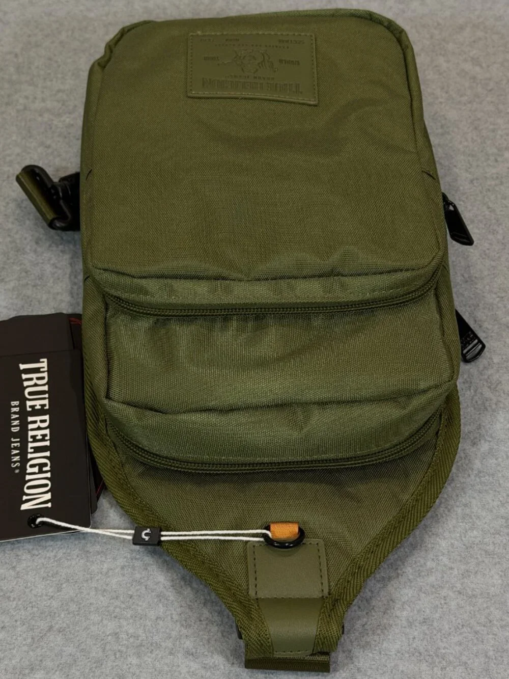 True Religion Unisex Olive Green Crossbody Sling Bag Pockets Adjustable NWT